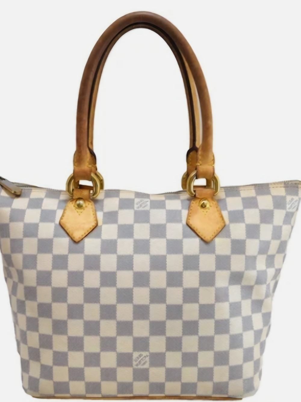 Classic Checker Canvas Tote - White & Light Gray with Tan Trim